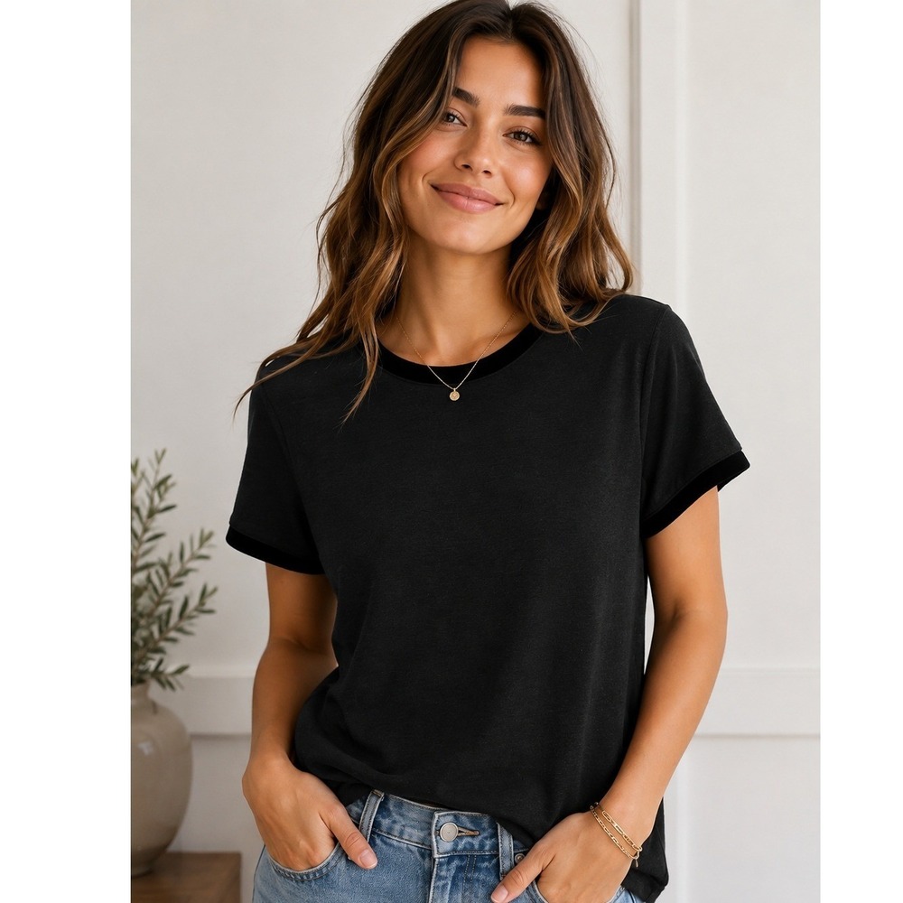 Gap Womens Black Short Sleeve Top Velvet Trim Crew Neck Textured Knit Large
